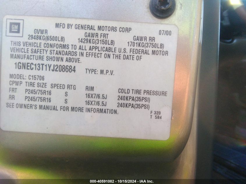 2000 Chevrolet Tahoe All New Ls VIN: 1GNEC13T1YJ208684 Lot: 40591082