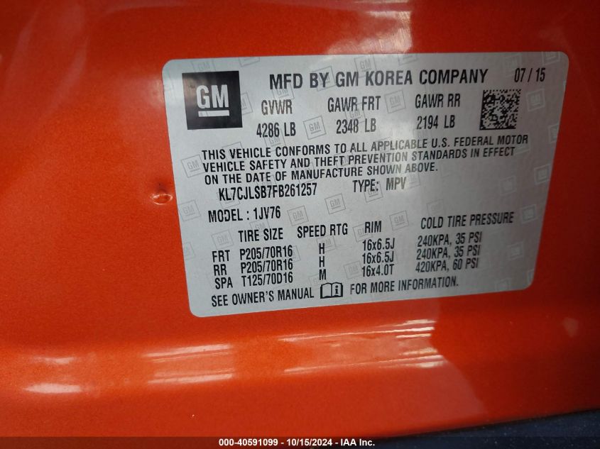 2015 Chevrolet Trax Lt VIN: KL7CJLSB7FB261257 Lot: 40591099