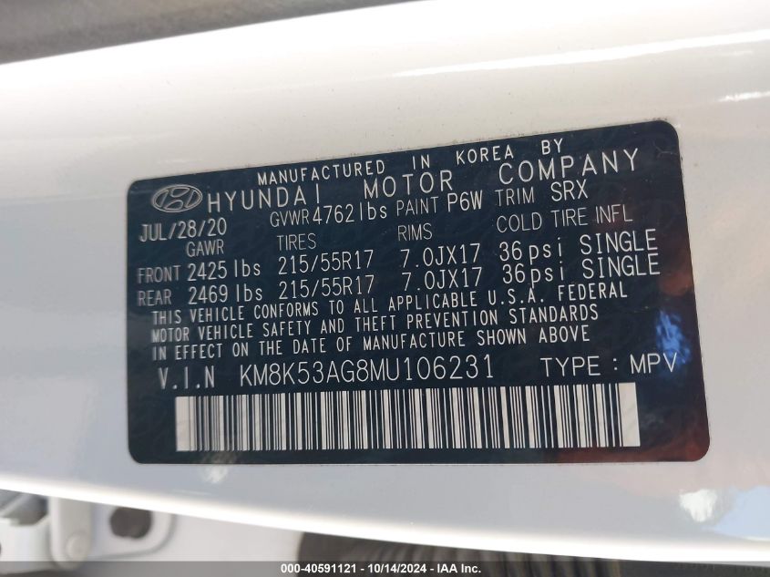 2021 Hyundai Kona Ultimate VIN: KM8K53AG8MU106231 Lot: 40591121