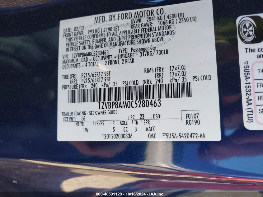 2012 Ford Mustang V6 VIN: 1ZVBP8AM0C5280463 Lot: 40591129