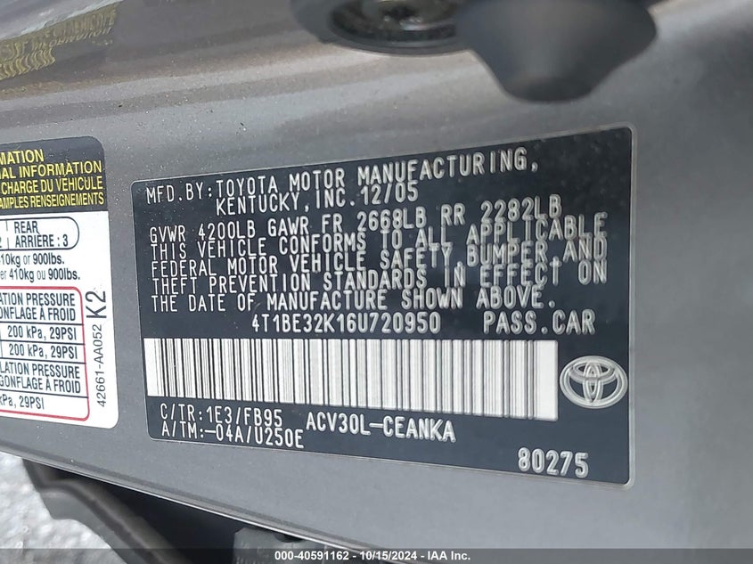 2006 TOYOTA CAMRY VIN: 4T1BE32K16U720950