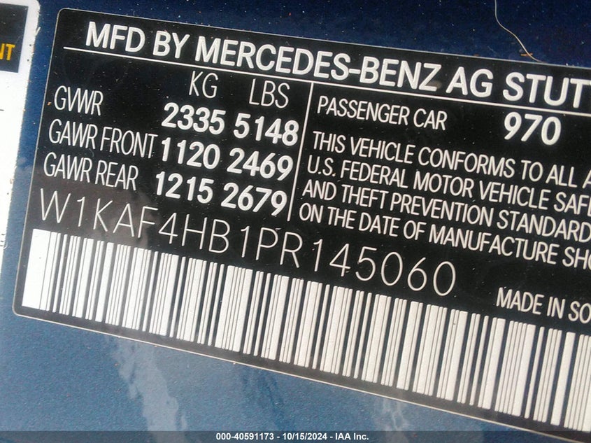 2023 Mercedes-Benz C 300 4Matic VIN: W1KAF4HB1PR145060 Lot: 40591173