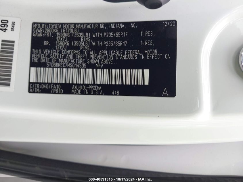 2021 Toyota Sienna Le VIN: 5TDBRKEC7MS014509 Lot: 40591315