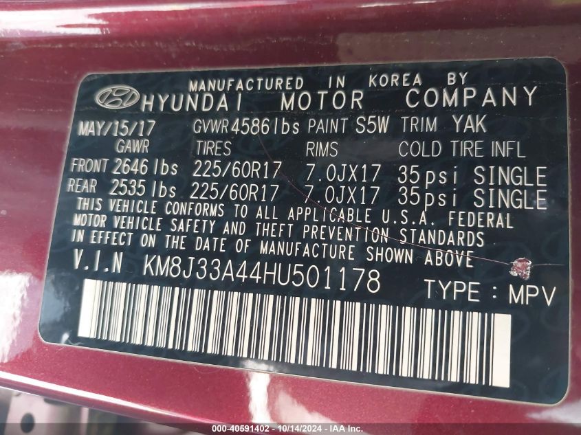 2017 Hyundai Tucson Se VIN: KM8J33A44HU501178 Lot: 40591402