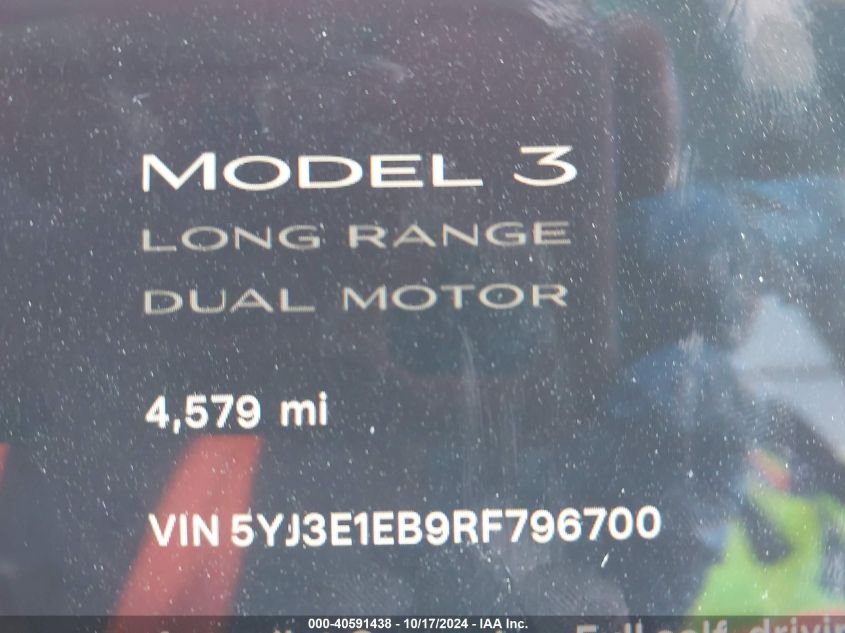 2024 Tesla Model 3 Long Range Dual Motor All-Wheel Drive VIN: 5YJ3E1EB9RF796700 Lot: 40591438