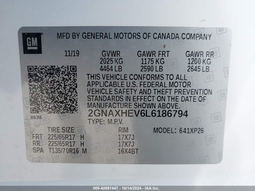 2020 Chevrolet Equinox Fwd Ls VIN: 2GNAXHEV6L6186794 Lot: 40591447