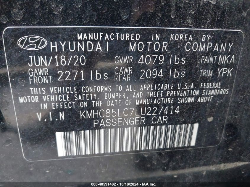 2020 Hyundai Ioniq Hybrid Sel VIN: KMHC85LC7LU227414 Lot: 40591482