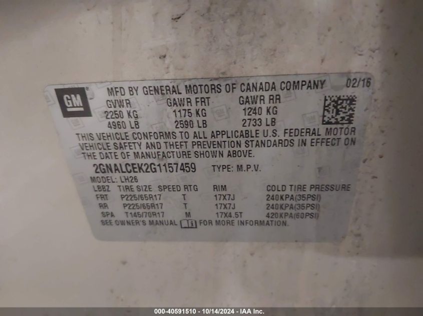 2016 Chevrolet Equinox Lt VIN: 2GNALCEK2G1157459 Lot: 40591510