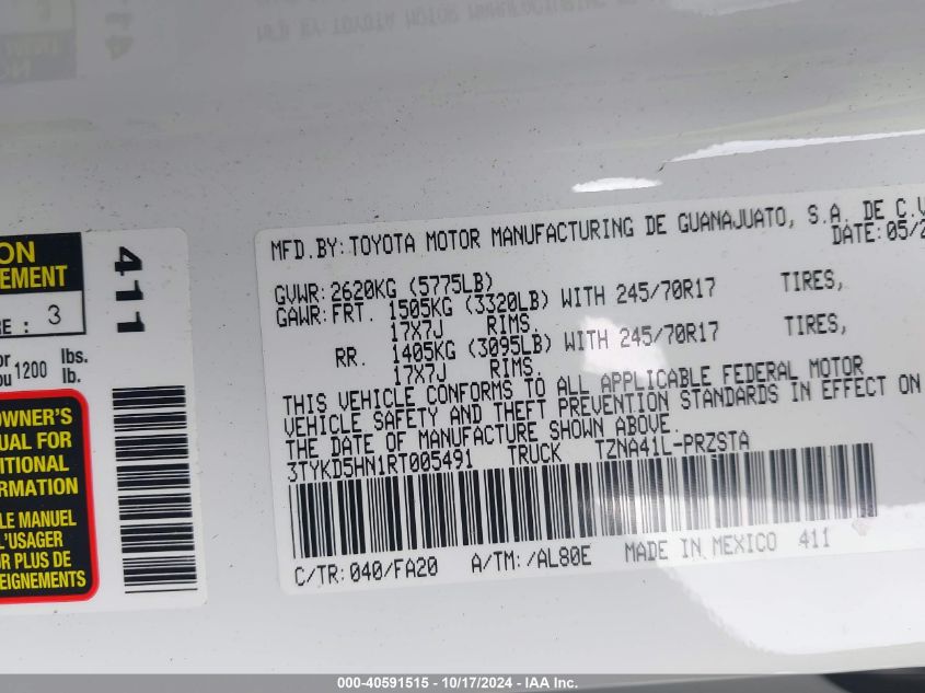 2024 Toyota Tacoma Sr VIN: 3TYKD5HN1RT005491 Lot: 40591515