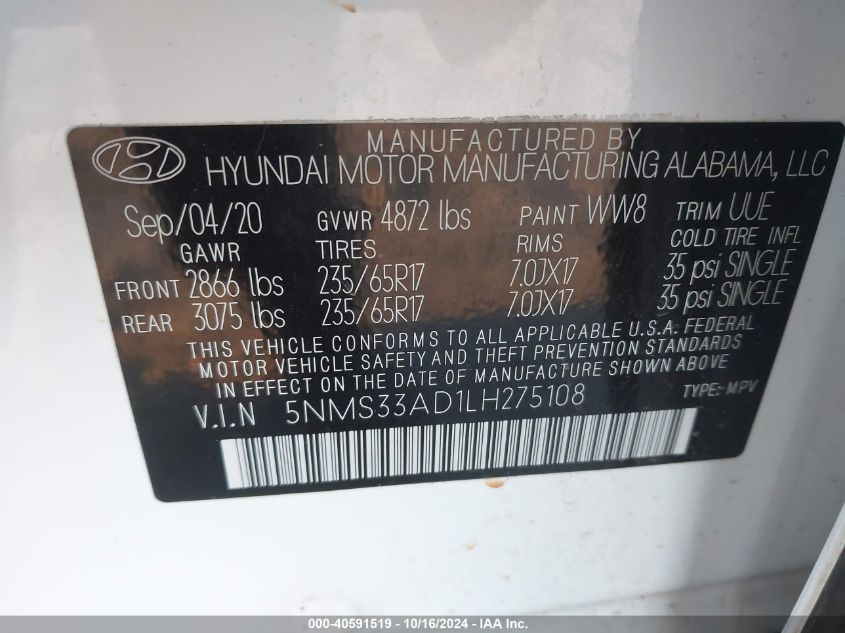 2020 Hyundai Santa Fe Sel VIN: 5NMS33AD1LH275108 Lot: 40591519