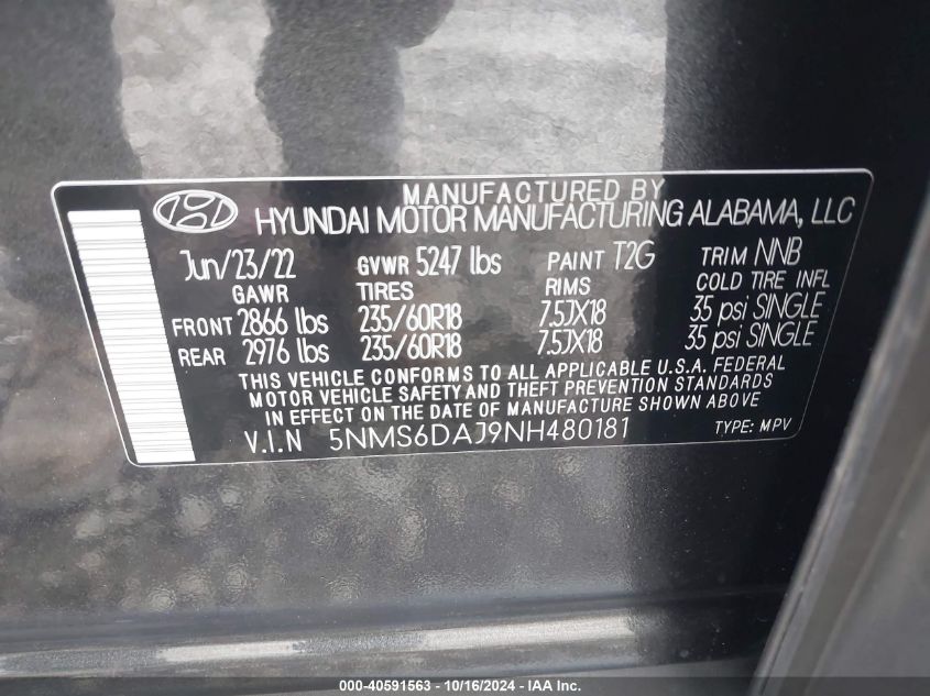 2022 Hyundai Santa Fe Xrt VIN: 5NMS6DAJ9NH480181 Lot: 40591563