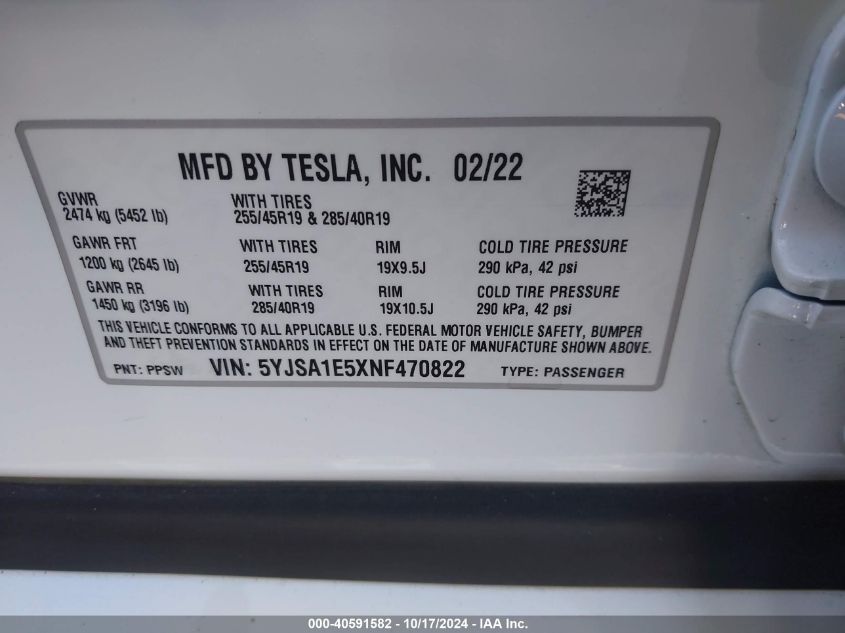 2022 Tesla Model S Dual Motor All-Wheel Drive VIN: 5YJSA1E5XNF470822 Lot: 40591582