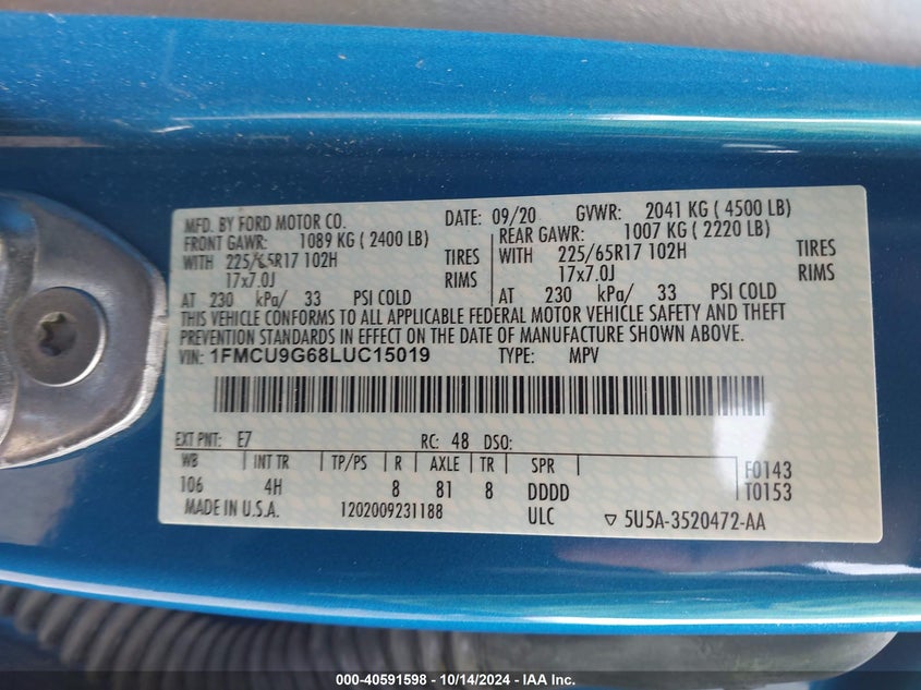 2020 Ford Escape Se VIN: 1FMCU9G68LUC15019 Lot: 40591598