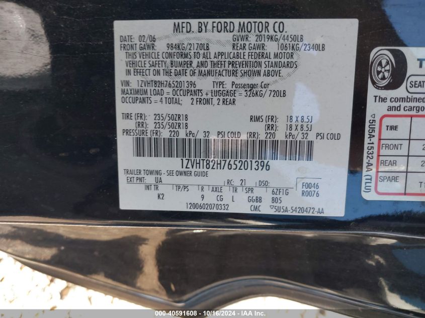 2006 Ford Mustang Gt VIN: 1ZVHT82H765201396 Lot: 40591608