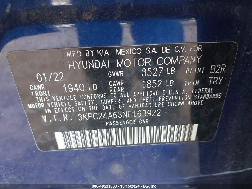 2022 Hyundai Accent Se VIN: 3KPC24A63NE163922 Lot: 40591630