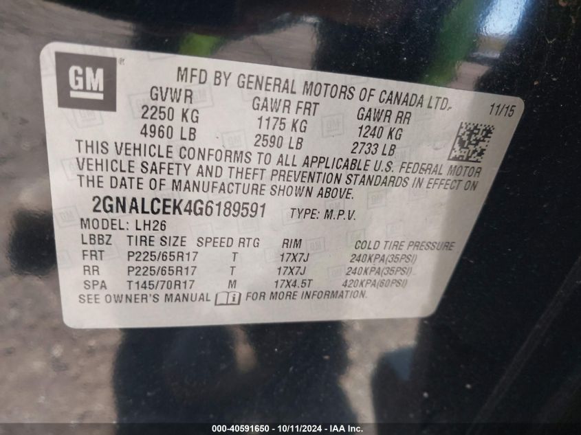 2GNALCEK4G6189591 2016 Chevrolet Equinox Lt