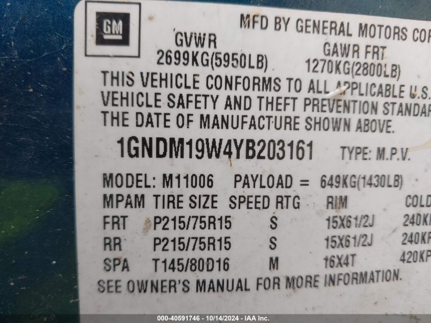 2000 Chevrolet Astro VIN: 1GNDM19W4YB203161 Lot: 40591746