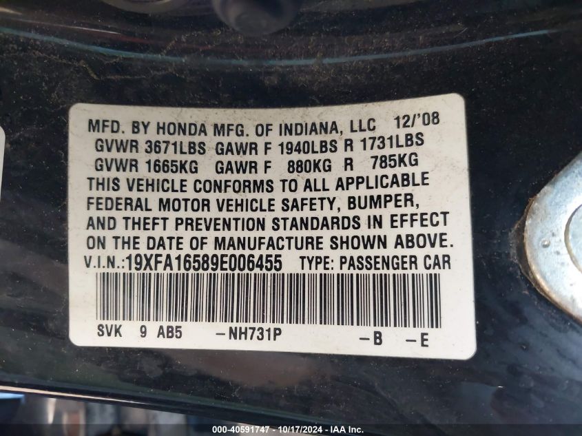 2009 Honda Civic Lx VIN: 19XFA16589E006455 Lot: 40591747