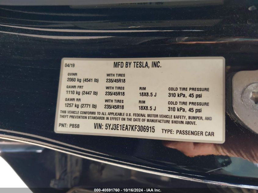 2019 TESLA MODEL 3 LONG RANGE/MID RANGE/STANDARD RANGE/STANDARD RANGE PLUS - 5YJ3E1EA7KF306915