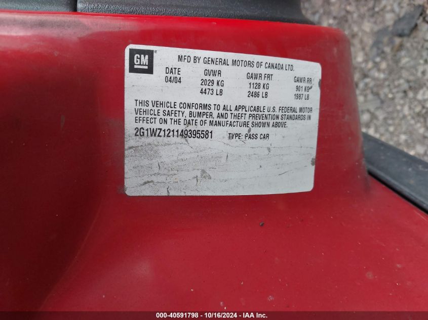 2004 Chevrolet Monte Carlo Supercharged Ss VIN: 2G1WZ121149395581 Lot: 40591798