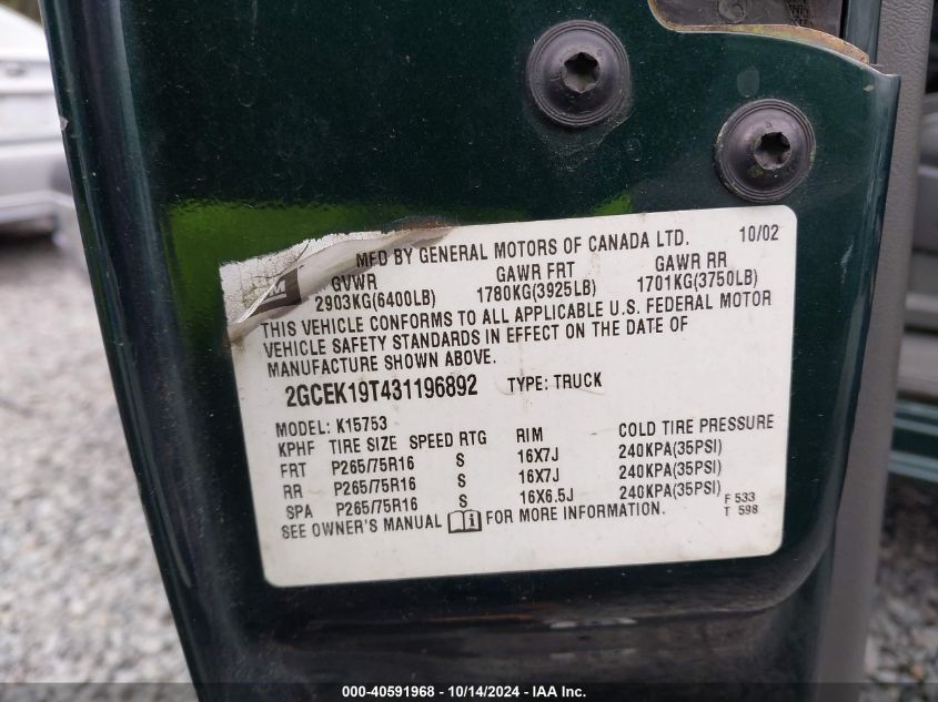 2003 Chevrolet Silverado 1500 Lt VIN: 2GCEK19T431196892 Lot: 40591968