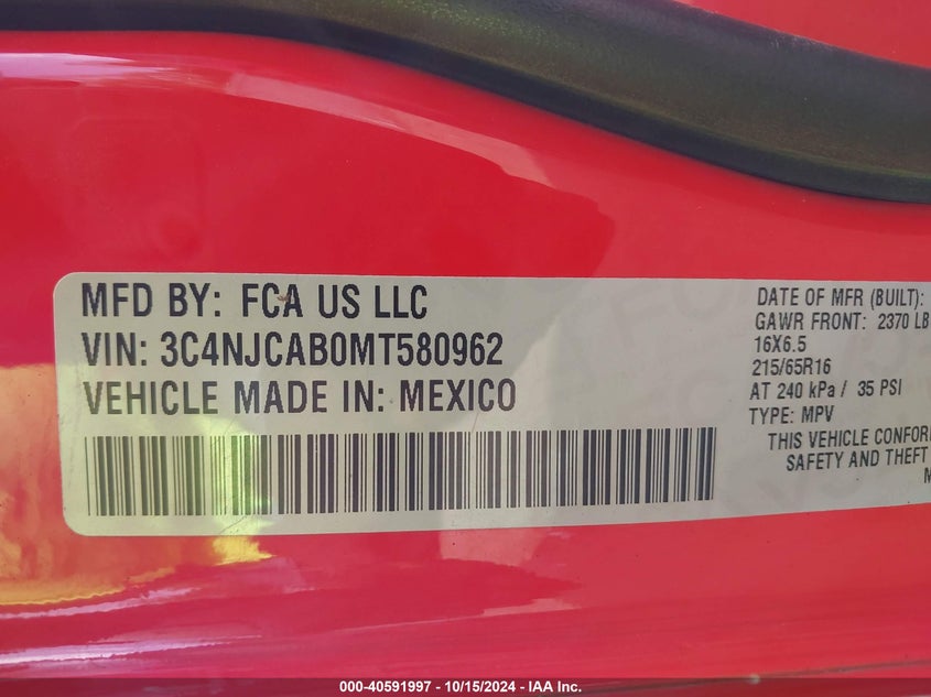 VIN 3C4NJCAB0MT580962 2021 JEEP COMPASS SPORT FWD