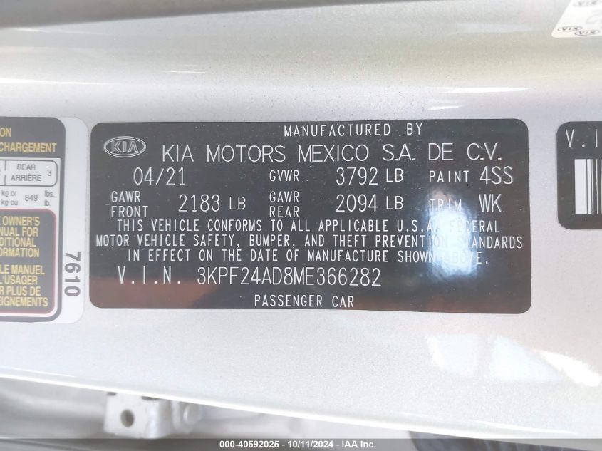 3KPF24AD8ME366282 2021 Kia Forte Lxs