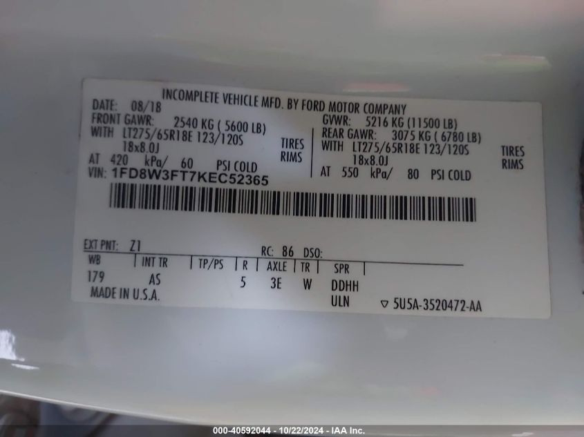 2019 Ford F-350 Chassis Xl VIN: 1FD8W3FT7KEC52365 Lot: 40592044