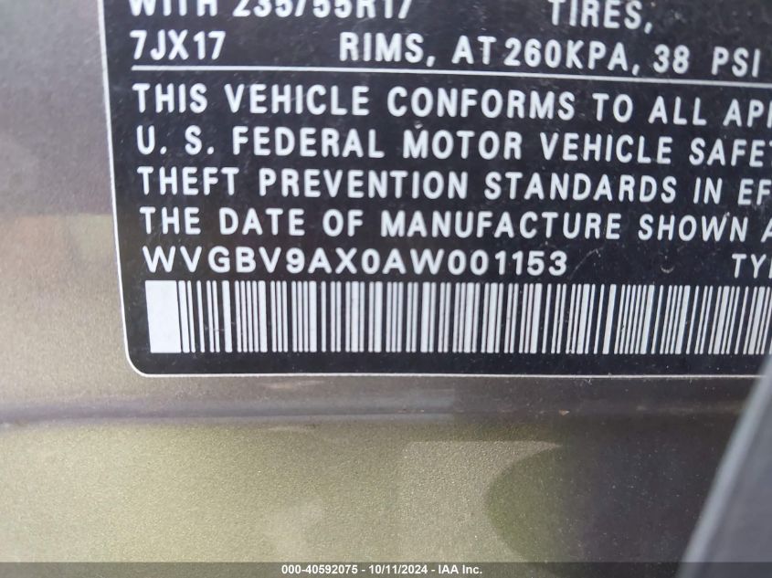 WVGBV9AX0AW001153 2010 Volkswagen Tiguan Se