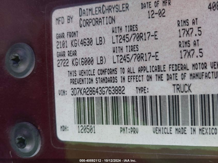 2003 Dodge Ram 2500 Slt/Laramie/St VIN: 3D7KA28643G763882 Lot: 40592112