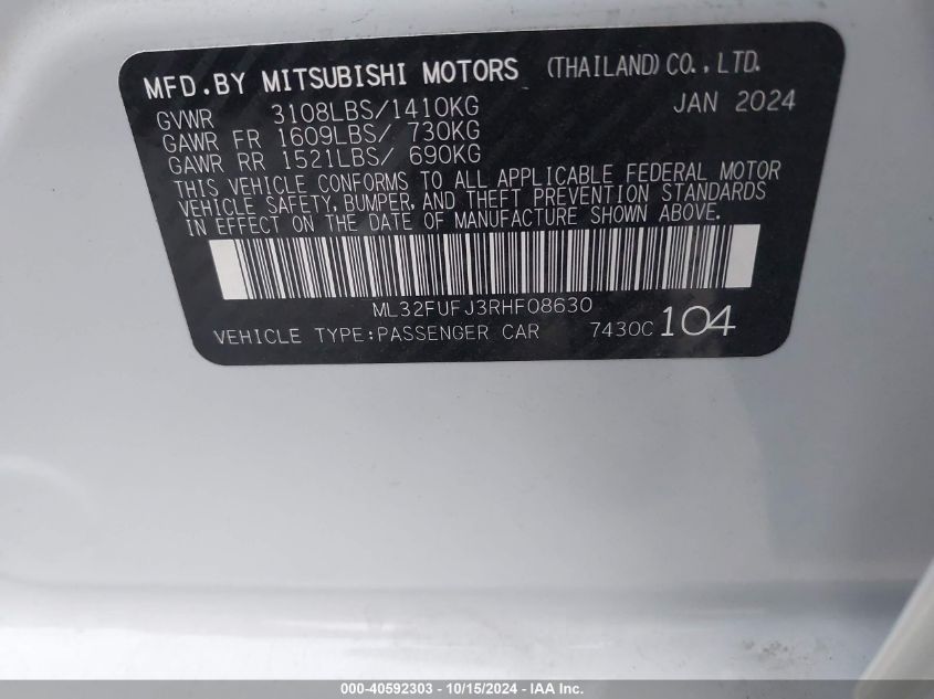 2024 Mitsubishi Mirage G4 Es VIN: ML32FUFJ3RHF08630 Lot: 40592303