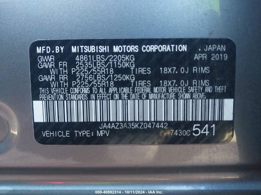 2019 Mitsubishi Outlander Se VIN: JA4AZ3A35KZ047442 Lot: 40592314