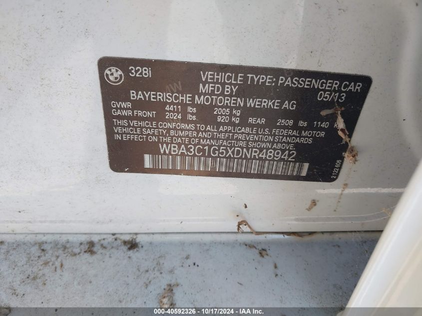 2013 BMW 328I VIN: WBA3C1G5XDNR48942 Lot: 40592326