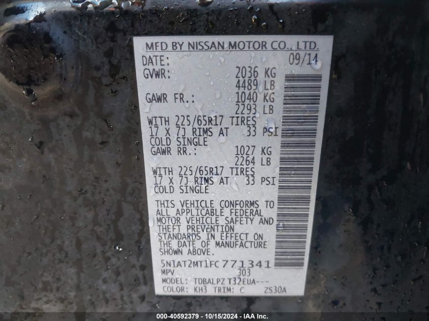 2015 Nissan Rogue S VIN: 5N1AT2MT1FC771341 Lot: 40592379
