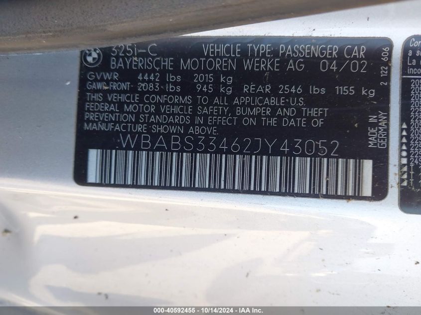 2002 BMW 325Ci VIN: WBABS33462JY43052 Lot: 40592455