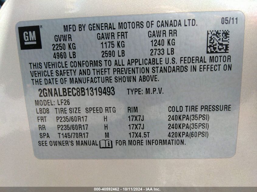 2GNALBEC8B1319493 2011 Chevrolet Equinox Ls