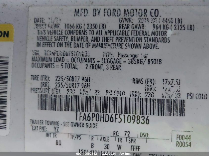 2015 Ford Fusion Se VIN: 1FA6P0HD6F5109836 Lot: 40592552