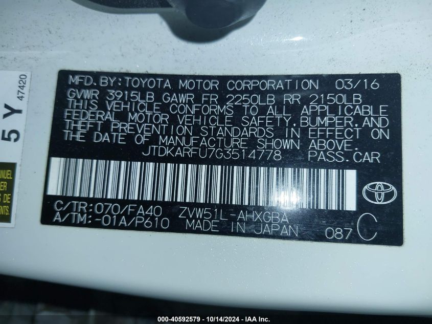 2016 TOYOTA PRIUS THREE - JTDKARFU7G3514778