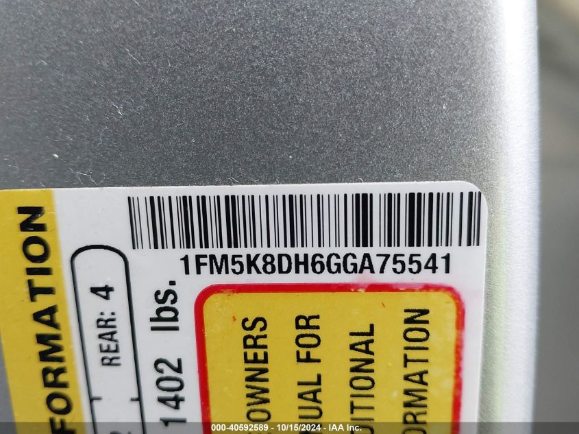 2016 Ford Explorer Xlt VIN: 1FM5K8DH6GGA75541 Lot: 40592589