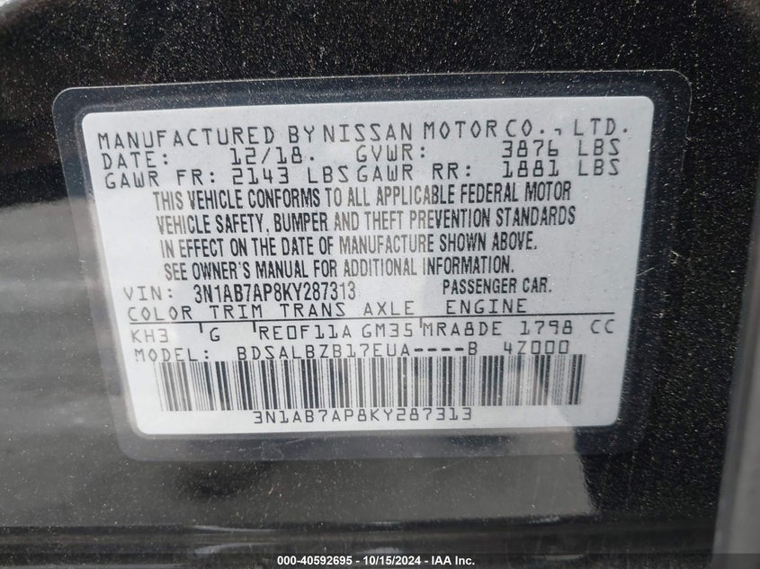 VIN 3N1AB7AP8KY287313 2019 NISSAN SENTRA S