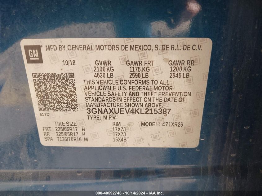 2019 CHEVROLET EQUINOX VIN: 3GNAXUEV4KL215387