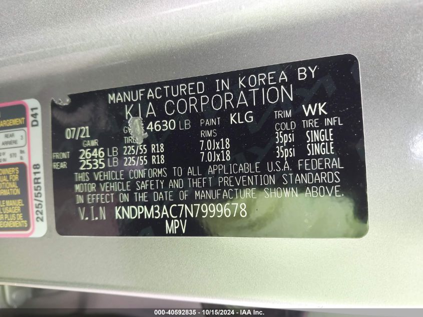 VIN KNDPM3AC7N7999678 2022 KIA SPORTAGE LX