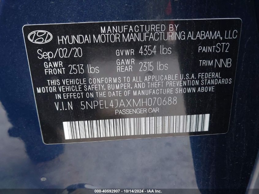 2021 Hyundai Sonata Sel VIN: 5NPEL4JAXMH070688 Lot: 40592907