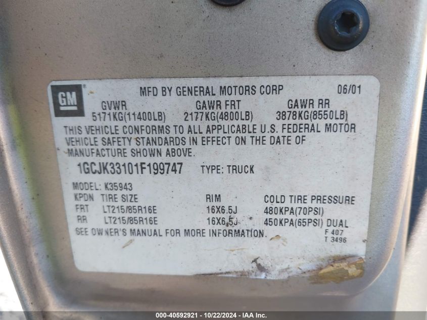 2001 Chevrolet Silverado 3500 Lt VIN: 1GCJK33101F199747 Lot: 40592921