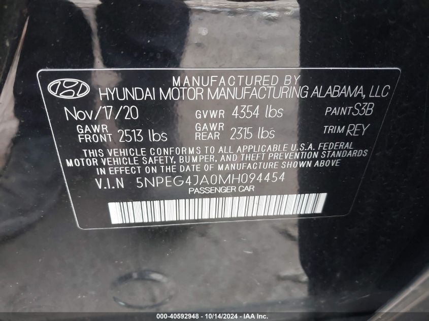 2021 Hyundai Sonata Se VIN: 5NPEG4JA0MH094454 Lot: 40592948