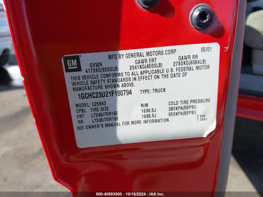 2001 Chevrolet Silverado 2500Hd Ls VIN: 1GCHC23U21F180794 Lot: 40593000