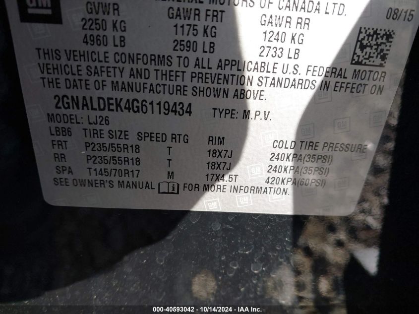 VIN 2GNALDEK4G6119434 2016 Chevrolet Equinox, Ltz no.9