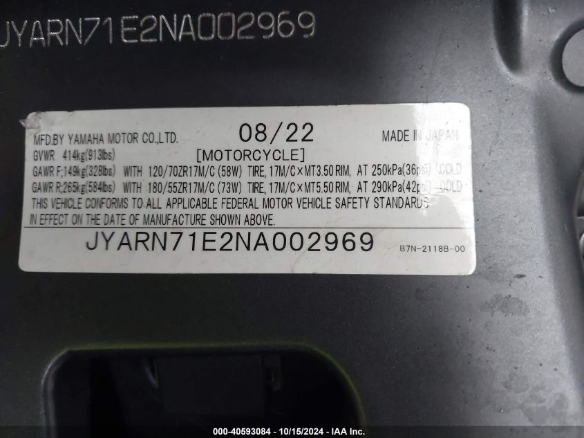 2022 Yamaha Mt09 VIN: JYARN71E2NA002969 Lot: 40593084