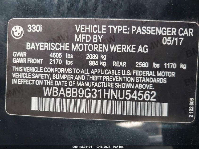 VIN WBA8B9G31HNU54562 2017 BMW 3 Series, 330I no.9