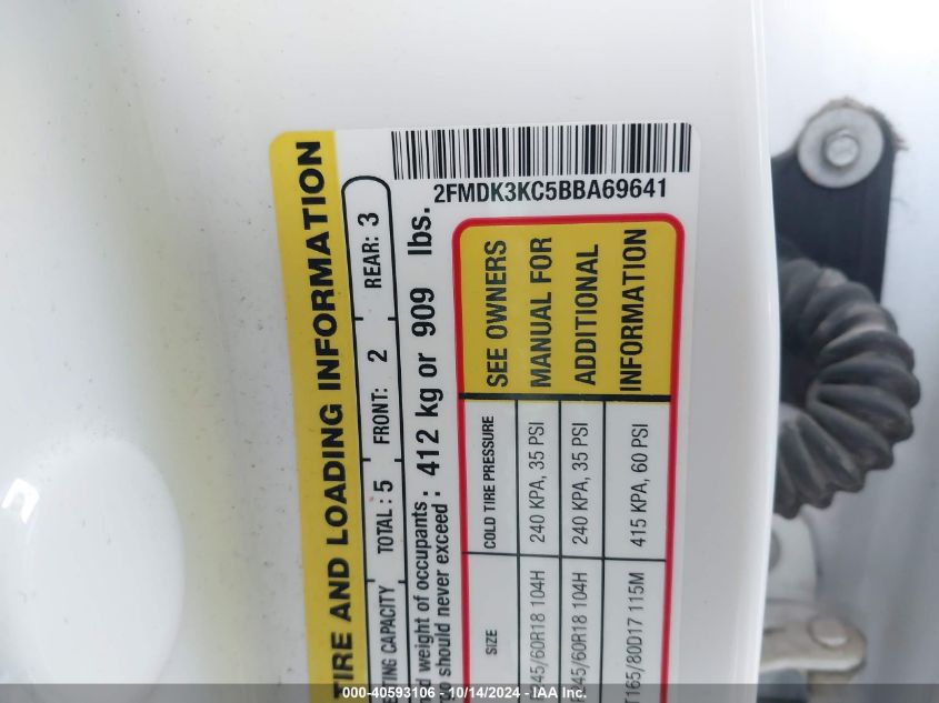 2011 Ford Edge Limited VIN: 2FMDK3KC5BBA69641 Lot: 40593106